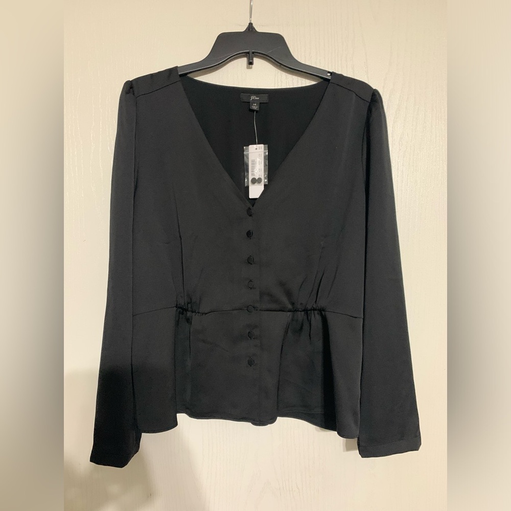 J Crew Black Satin Button Front Blouse NWT